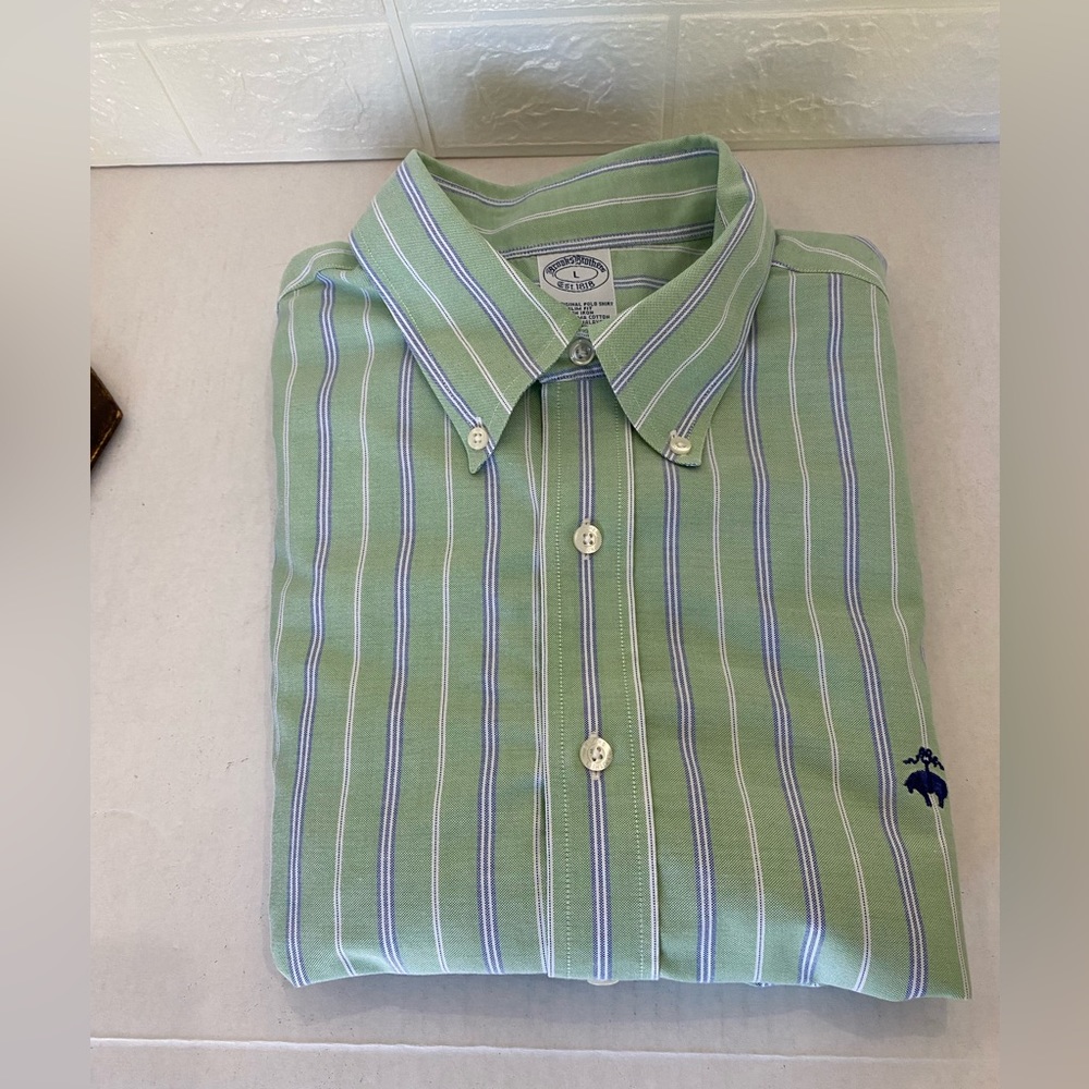 Brooks Brothers supima cotton green blue white striped shirt